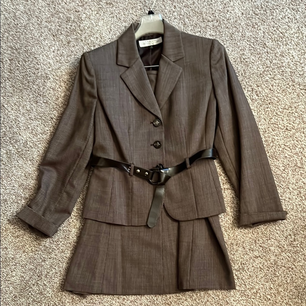 Brown Blazer and Skirt Set with Belt